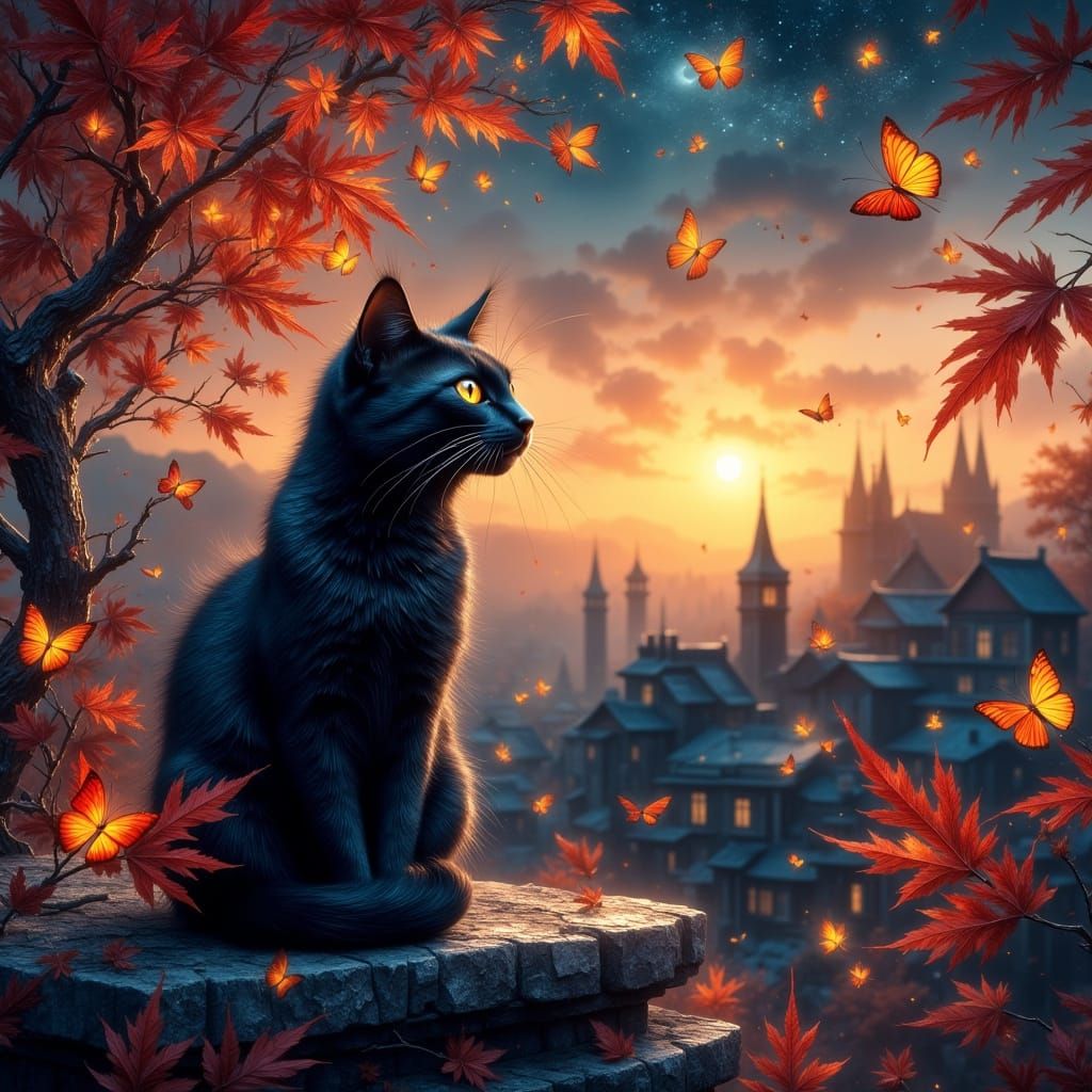 Black Cat in Autumn Twilight, Impasto Painting