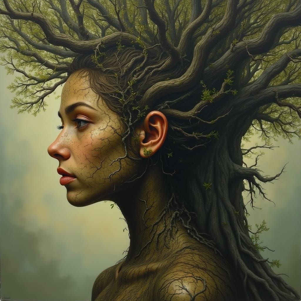 Ethereal Portrait of a Woman with Bark Skin and Tree Branche...