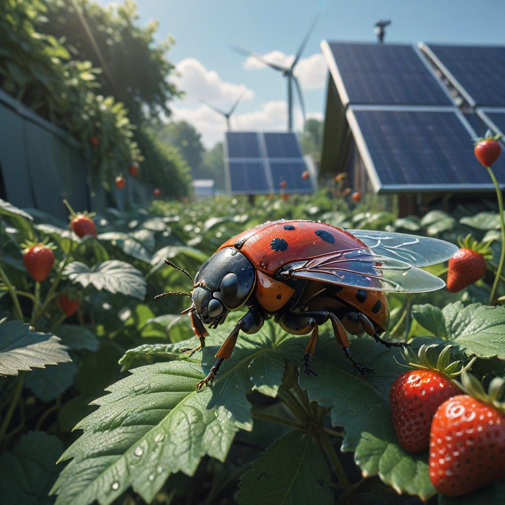 Hyper-Realistic Ladybug in Flight Over a Sustainable Garden