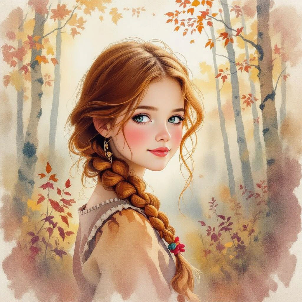 Watercolor Portrait of Girl with Autumn Leaf Hair