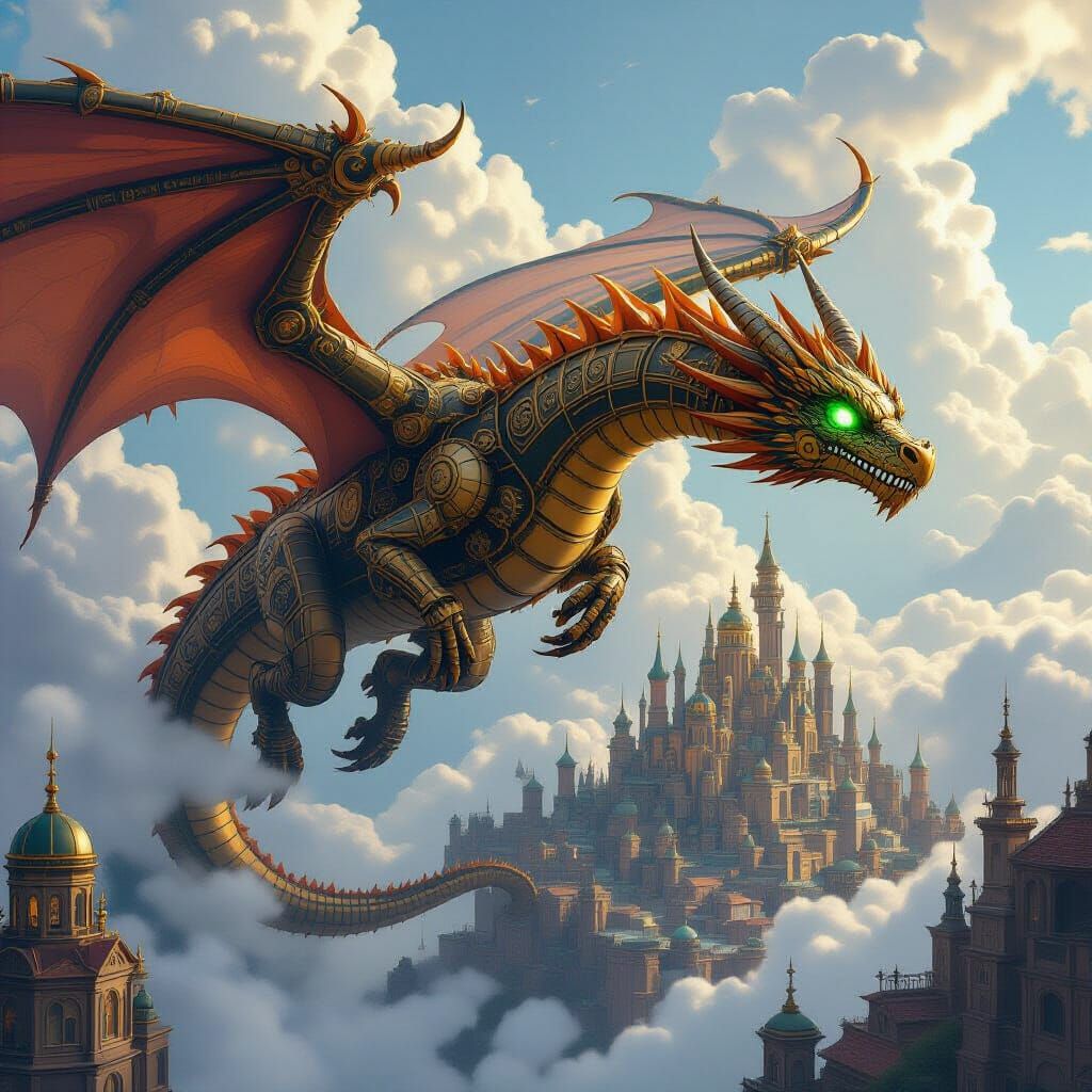 Clockwork Dragon Soaring Over Steampunk Metropolis
