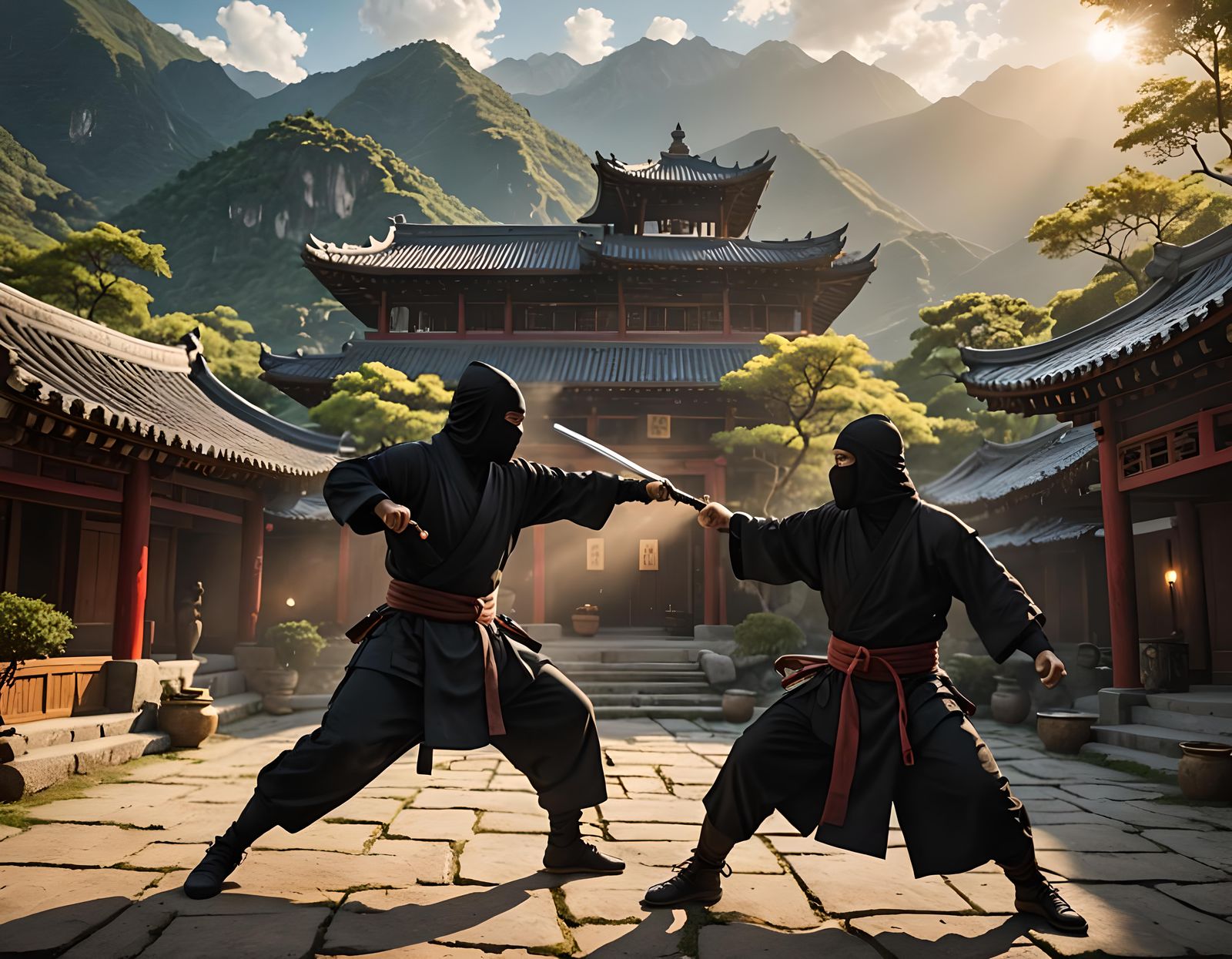 Ninjas Fight in Mountain Courtyard: Hyperrealistic Scene