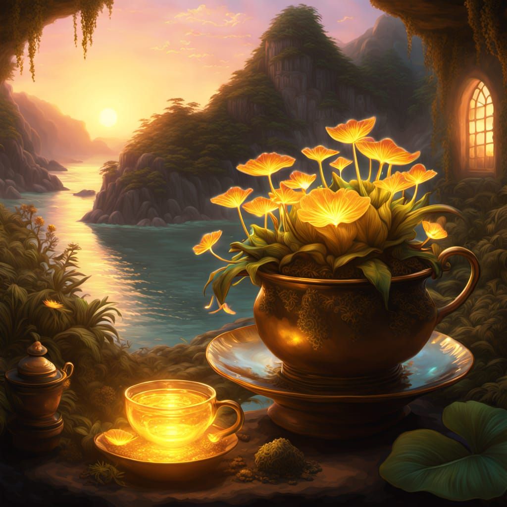 A translucent glowing plant in a pot in the magical cove of ...