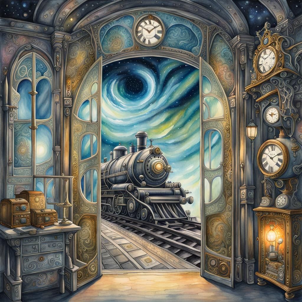 Mystic Portal to Alien Galaxy with Steampunk Train