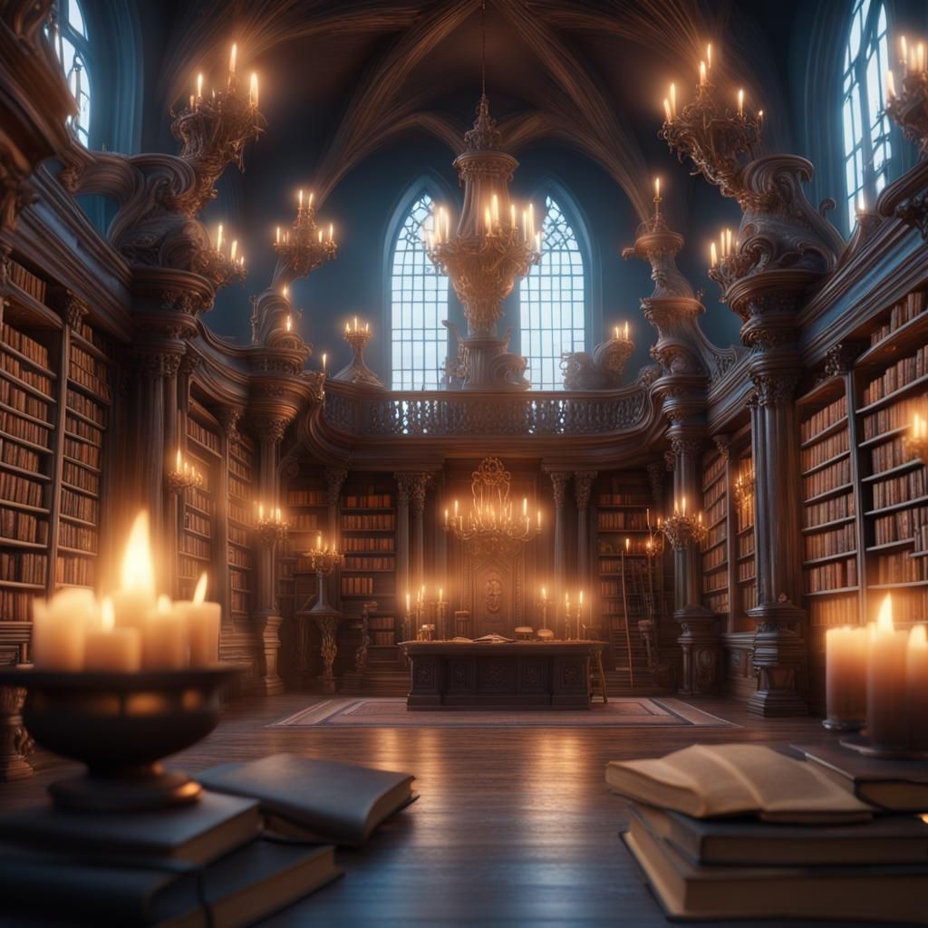 Magical Library with Mythical Creatures in Storybook Style