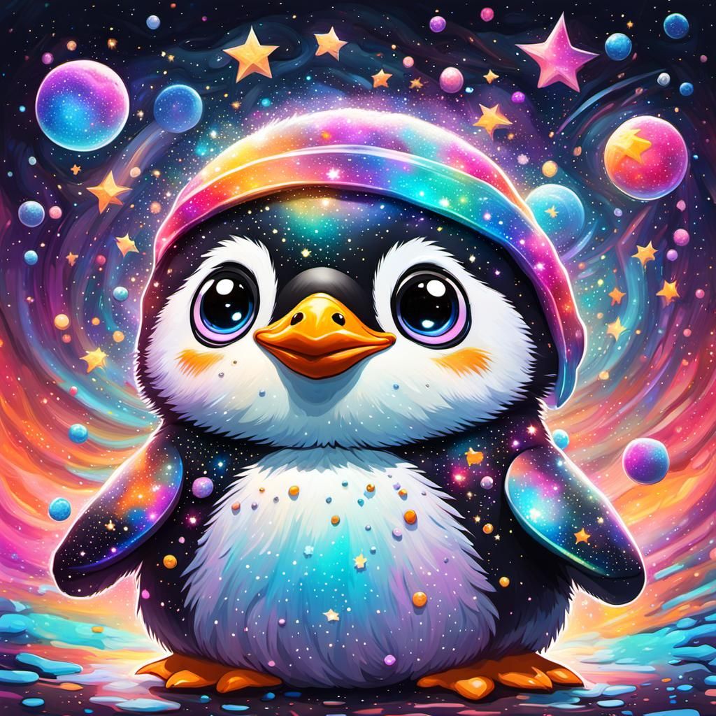 Cute Chibi Penguin Made of Stars in Nebula