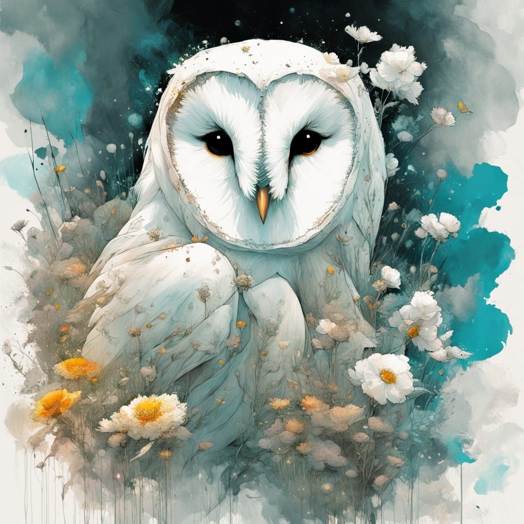 Ethereal Barn Owl in Glowing Florals
