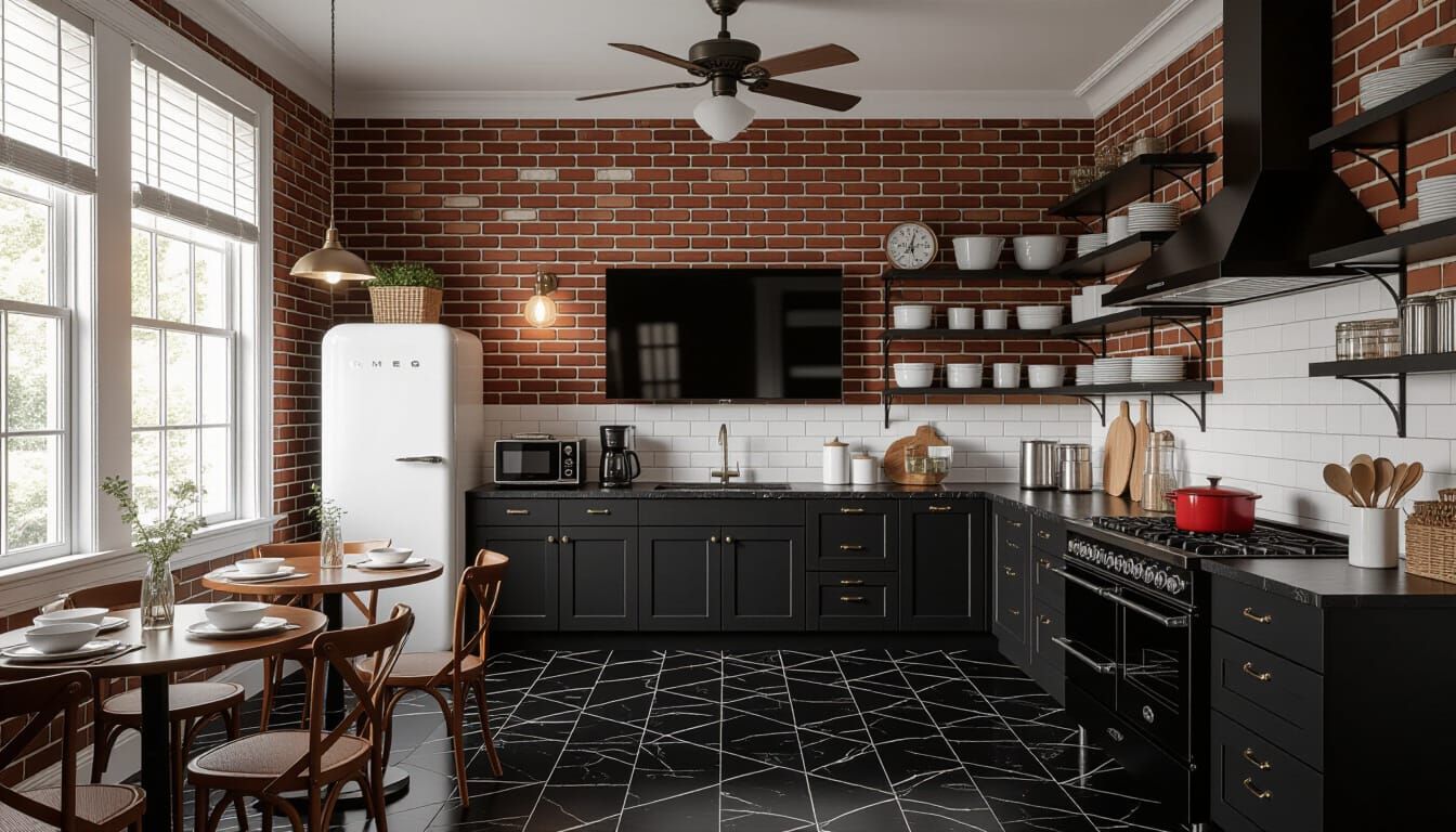 Victorian Kitchen with Modern Appliances and Black Marble Fl...