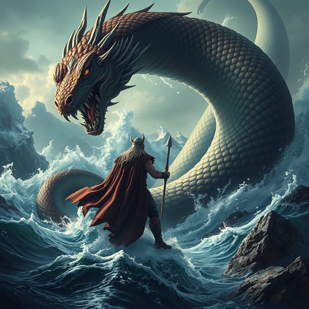 Epic Norse Mythology Scene of Thor Confronting Jörmundgandr