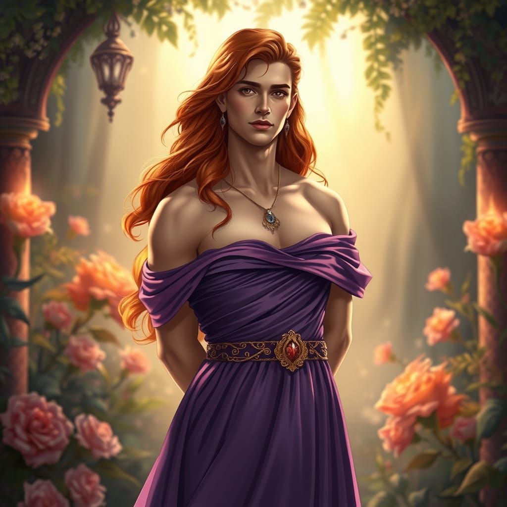 Regal Male Princess in Purple Gown, Enchanted Garden
