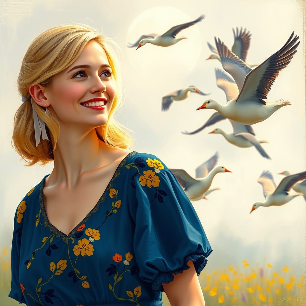 Elegant Blonde Woman Gazing at Wild Geese in a Whimsical Mor...