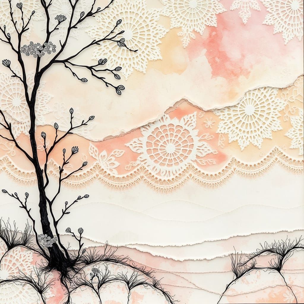 Dreamlike Landscape with Intricate Lace and Textures