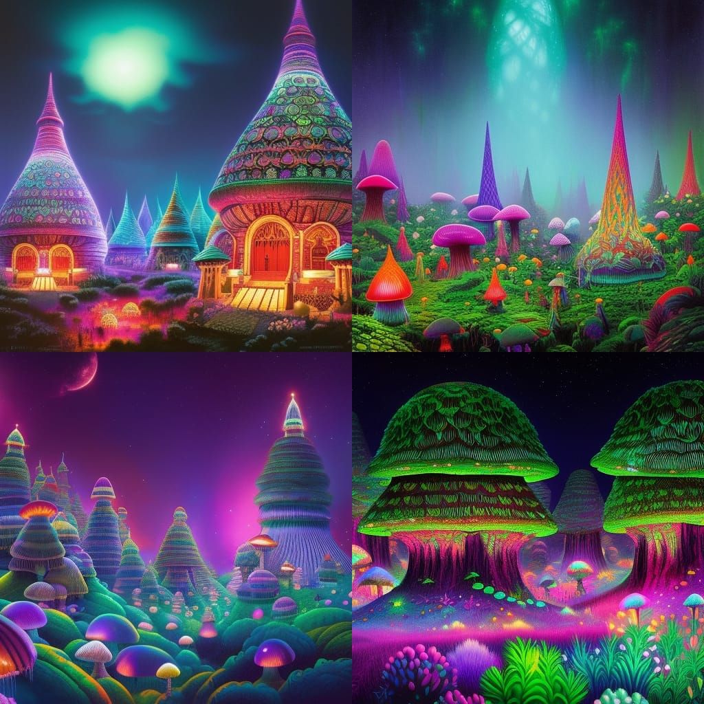 Psychedelic Mushroom Gnome Homes in Fantasy Style