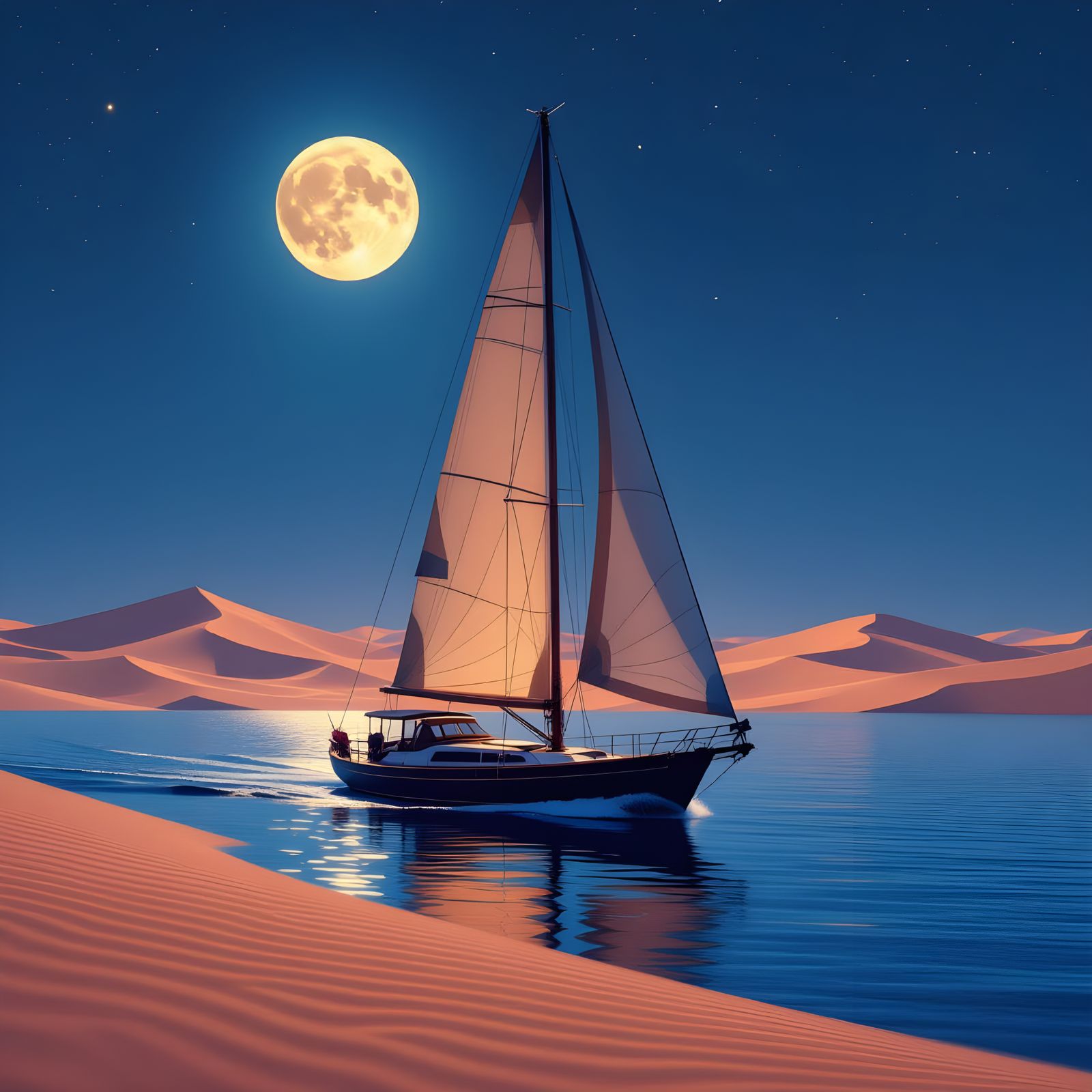 Sailing Yacht on Sand Dunes in Moonlight