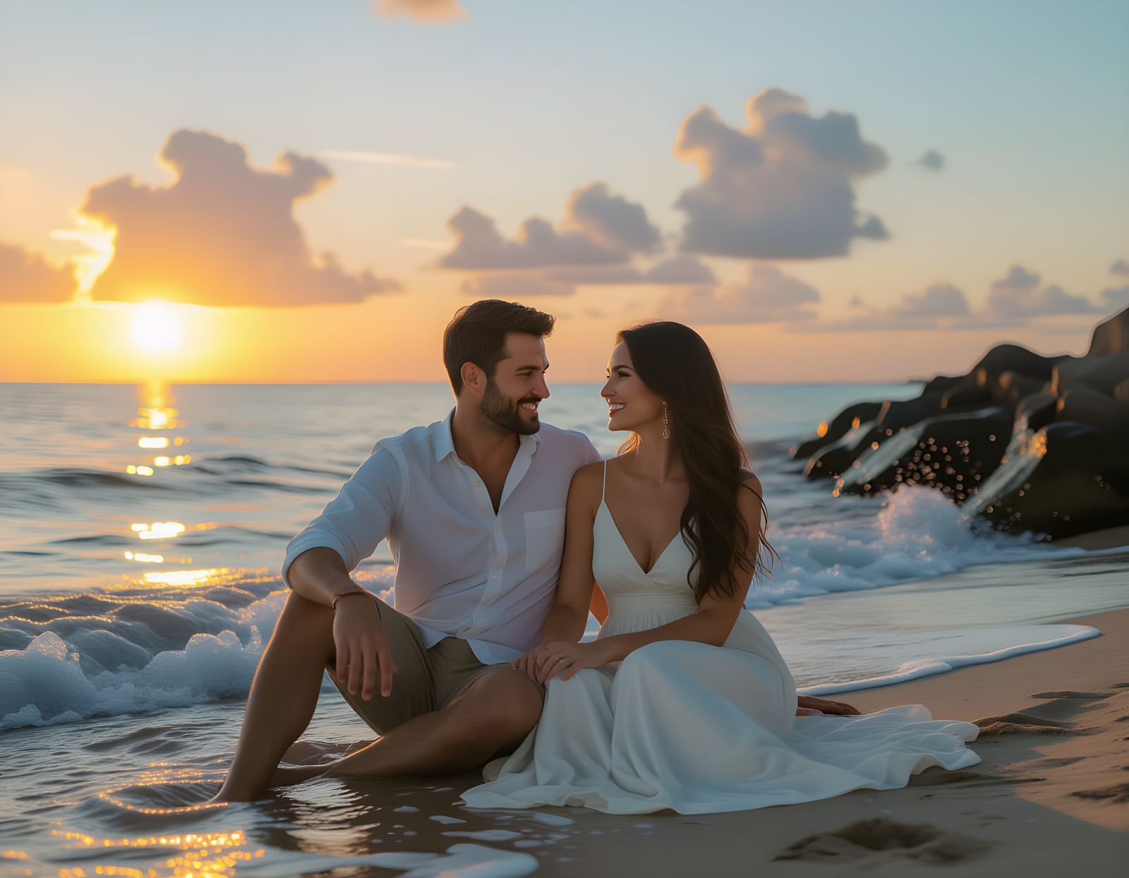 Romantic Seaside Sunrise with Hyperrealistic Detail