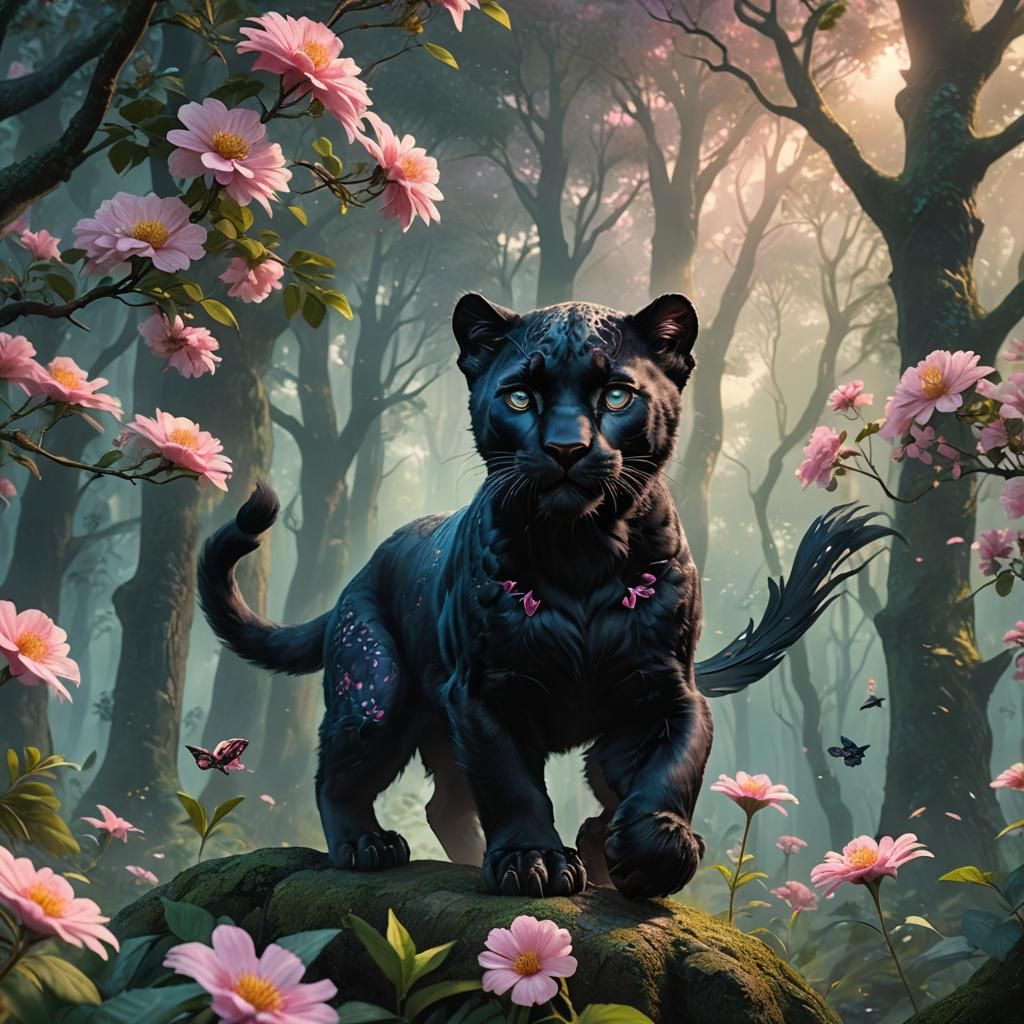 Winged Black Panther Soaring in Fantasy Landscape