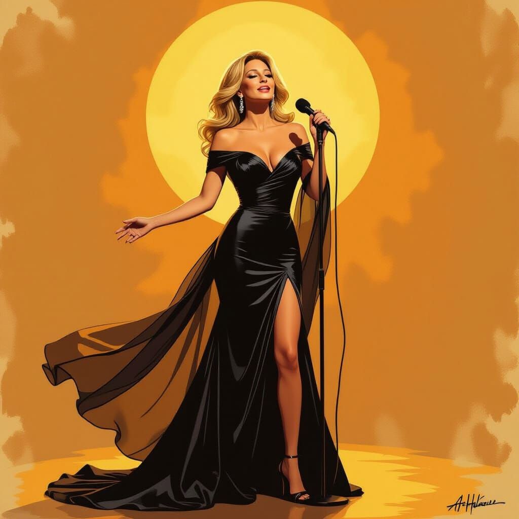 Elegant Woman Singing in Golden Light, Old Hollywood Style