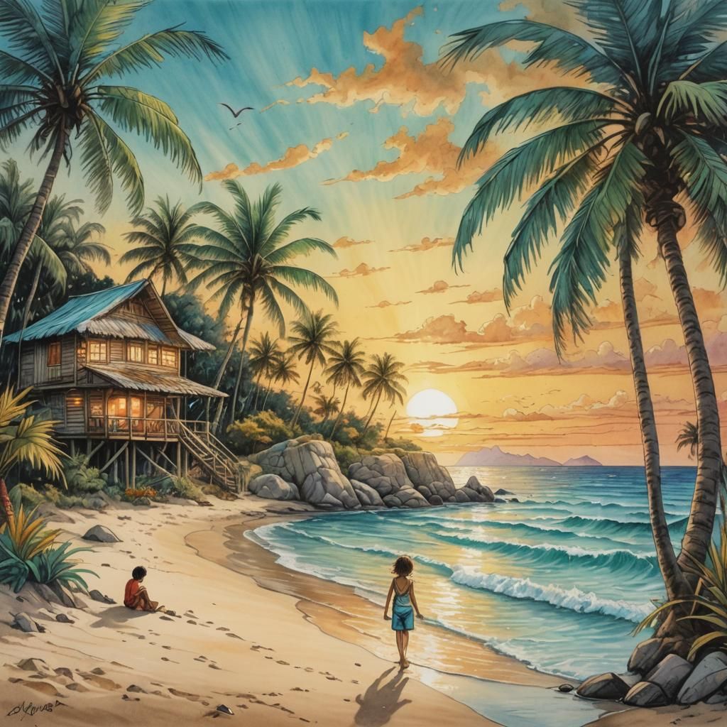 Tropical Beach Scene as a Pencil Painting