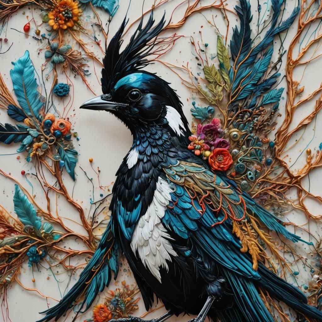 Surreal Embroidered Magpie Textile Art in Mixed Media