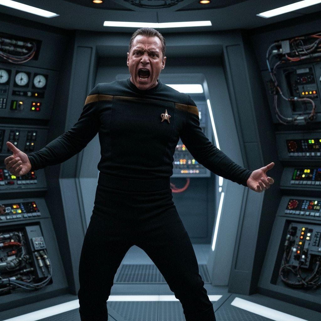 Angry Romulan in a High-Tech Engine Room
