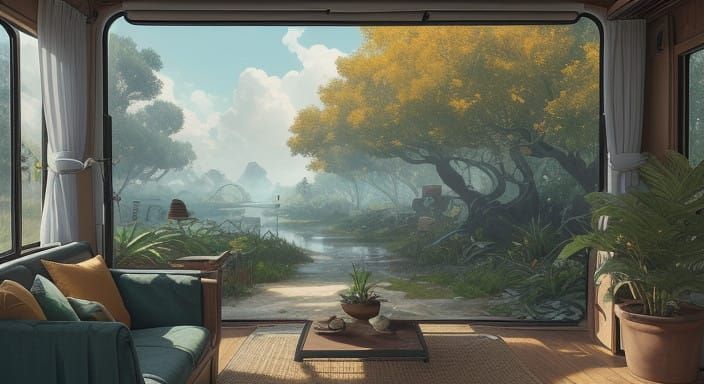 Serene Emerald RV on Orange Farm in Cyberpunk Style