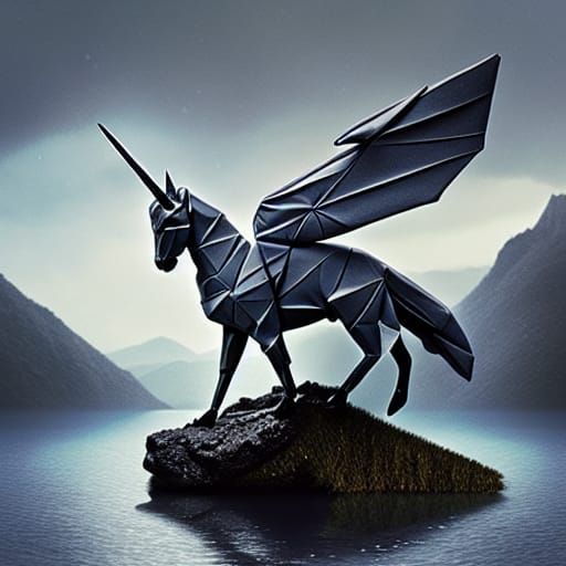 Origami Unicorn in Rain: Cyberpunk Lake Scene