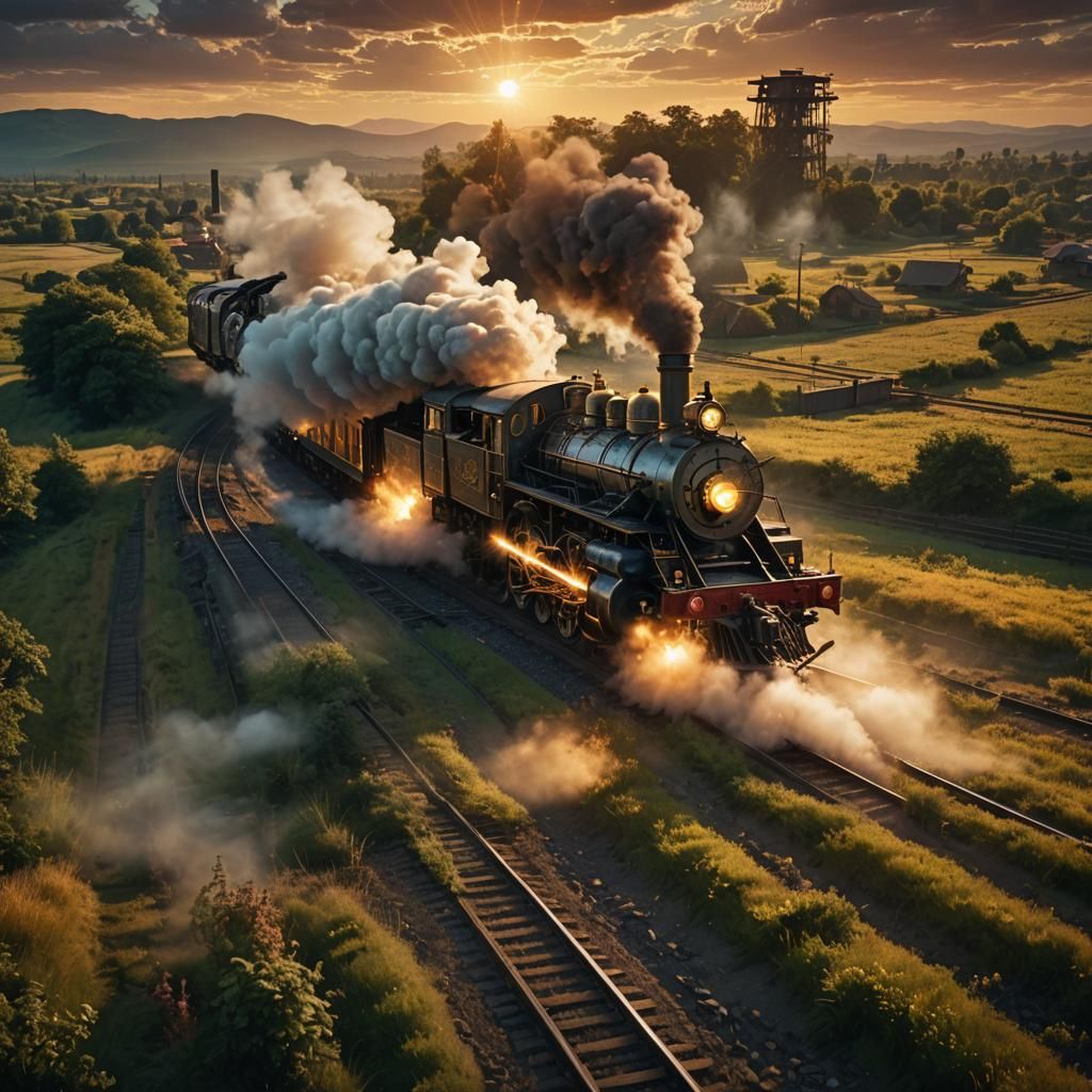 Steampunk Train Thunders Through Fields at Sunset