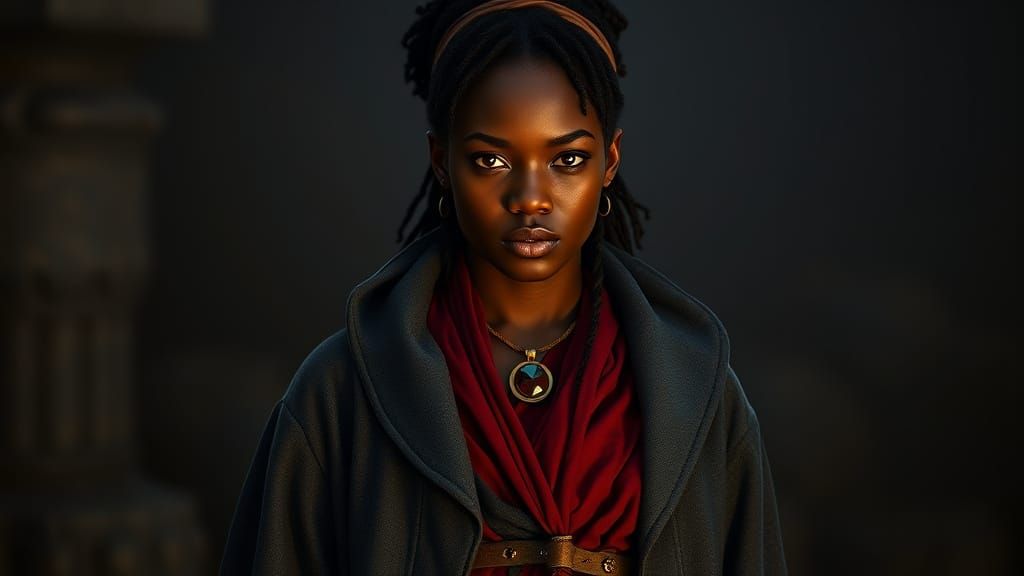 West African Woman with Glowing Amulet in Fantasy Style