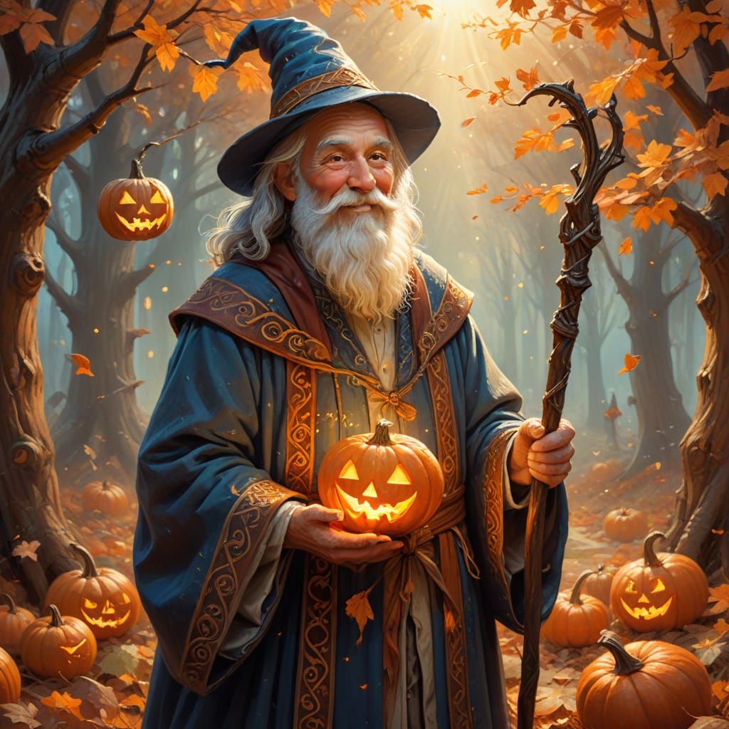 Wise Wizard with Glowing Staff in Autumn Storybook Style