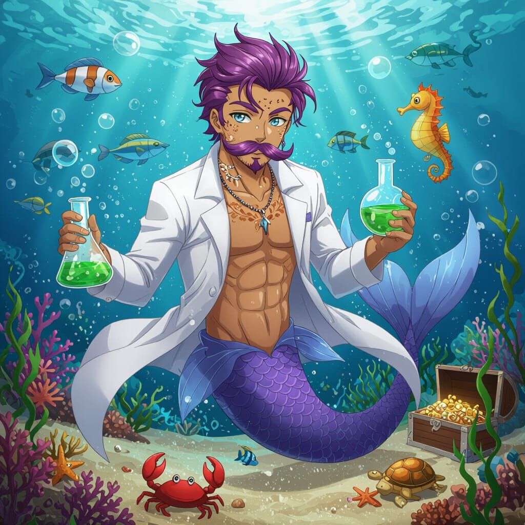 Anime Merman with Purple Tail in Sea Environment