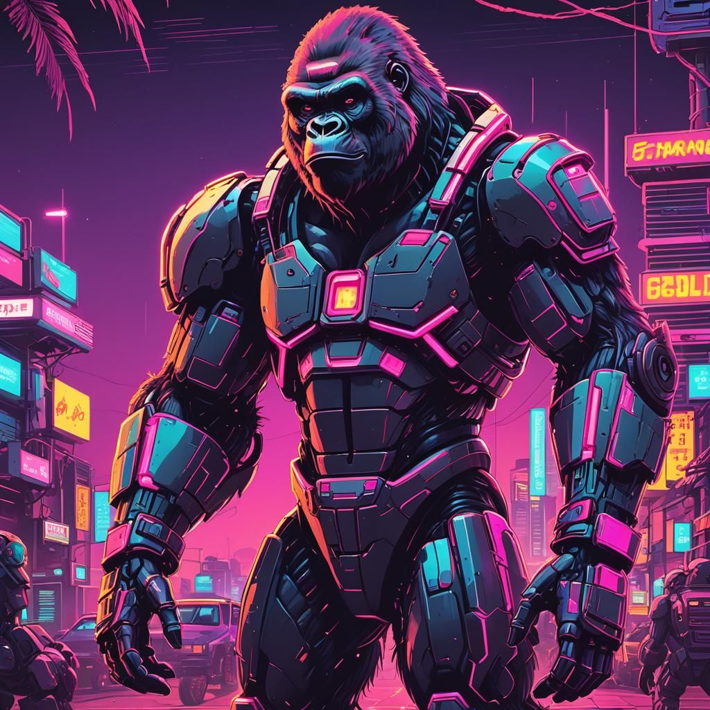 Synthwave Gorilla Mech in Neon Retro Style