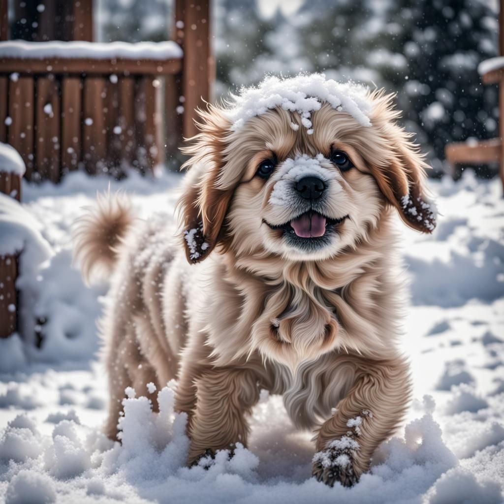 Fluffy Puppy Playing in Snow: Hyperrealistic 64MP