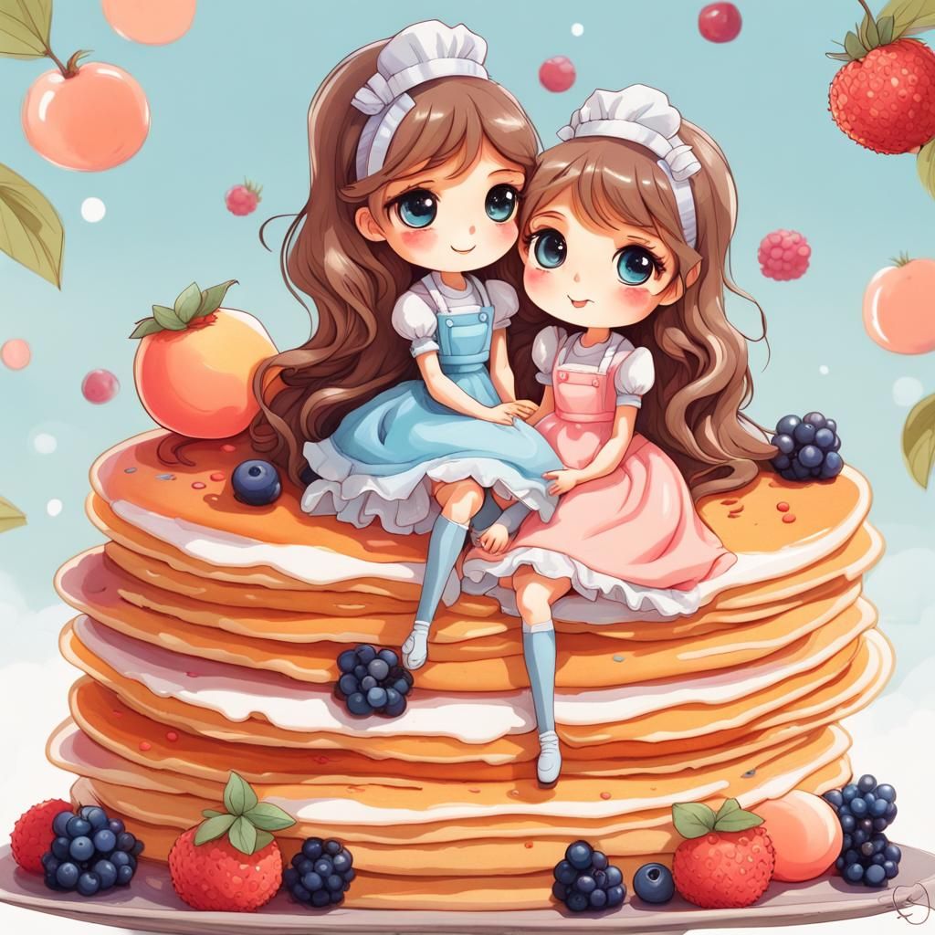 Chibi Girls on Pancake Stack in Gouache Style