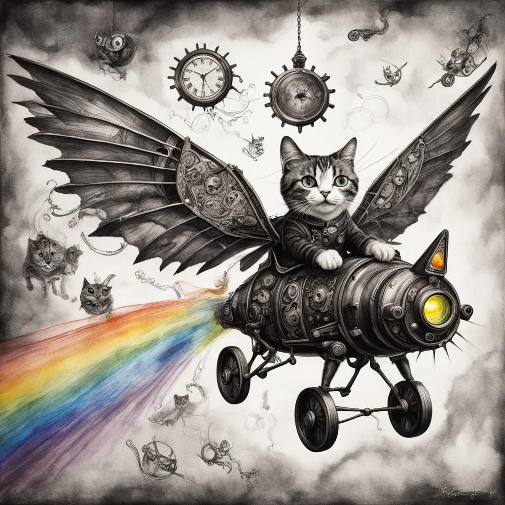 Steampunk Cats Flying: Surreal Crayon Drawing with Rayograph...