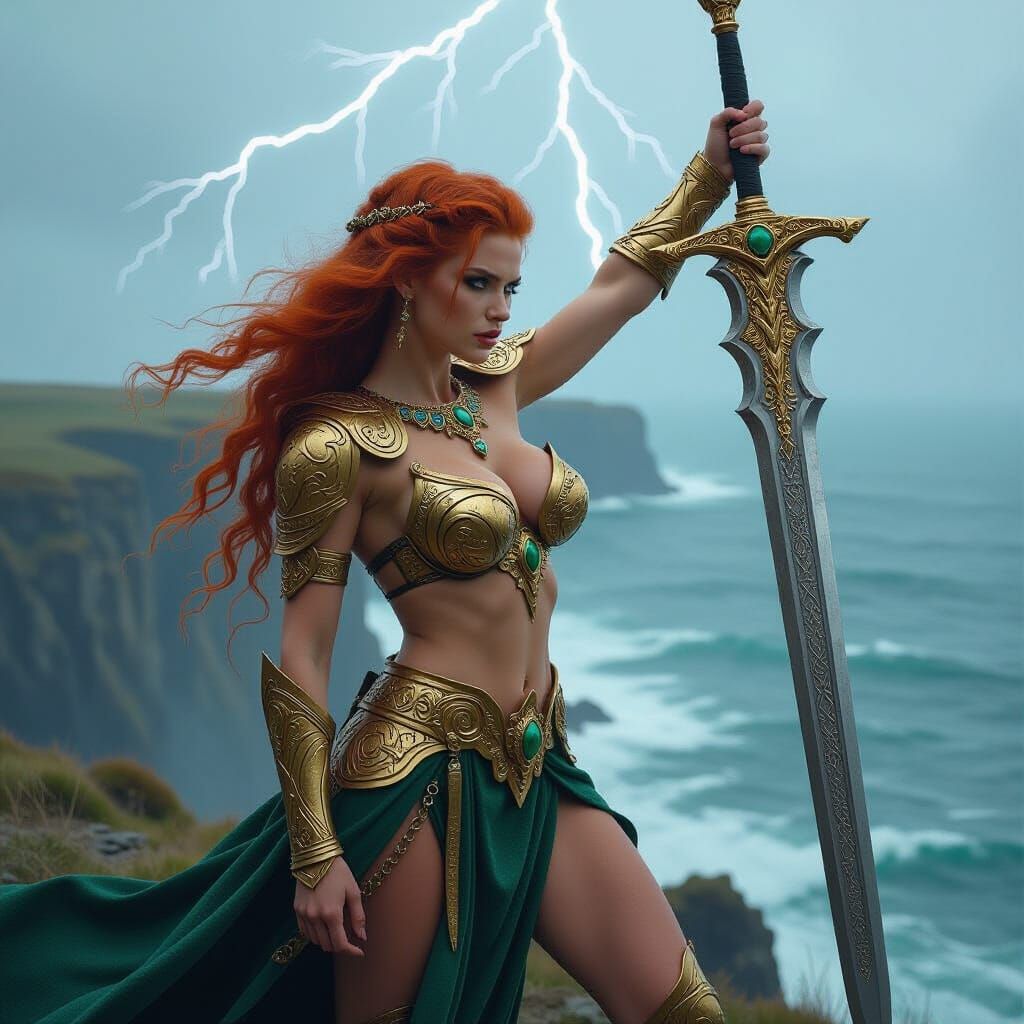 Celtic Warrior Queen with Sword in Hyperrealistic Style