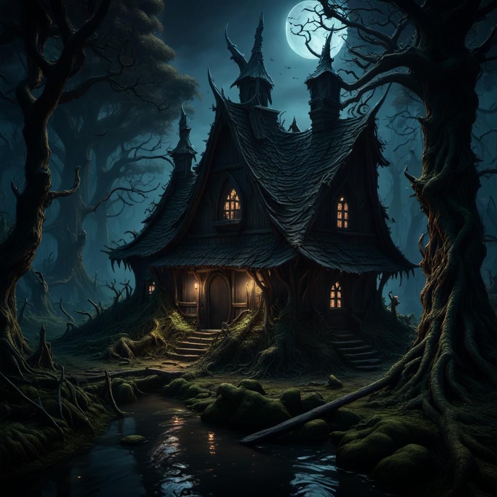 Dark Fantasy Swamp, thick forest, twisted trees, at night, w...