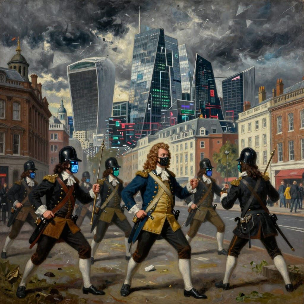 Surreal Oil Painting: 17th Century Soldiers in Modern London