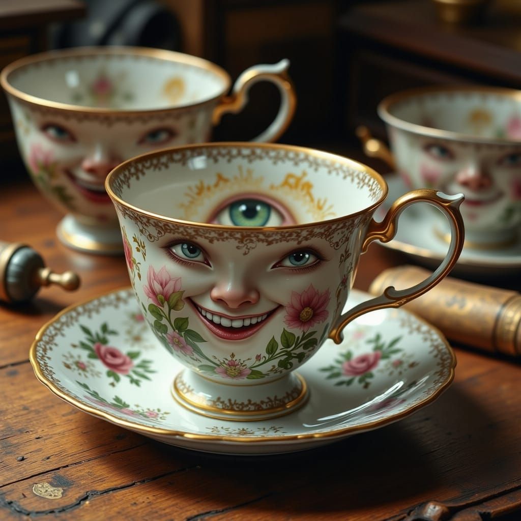 Antique Teacups with Expressive Faces on Wooden Table