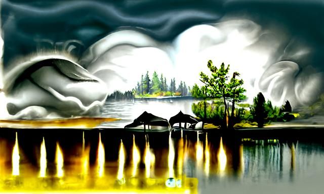 Stormy Lake View in Airbrush Art Style