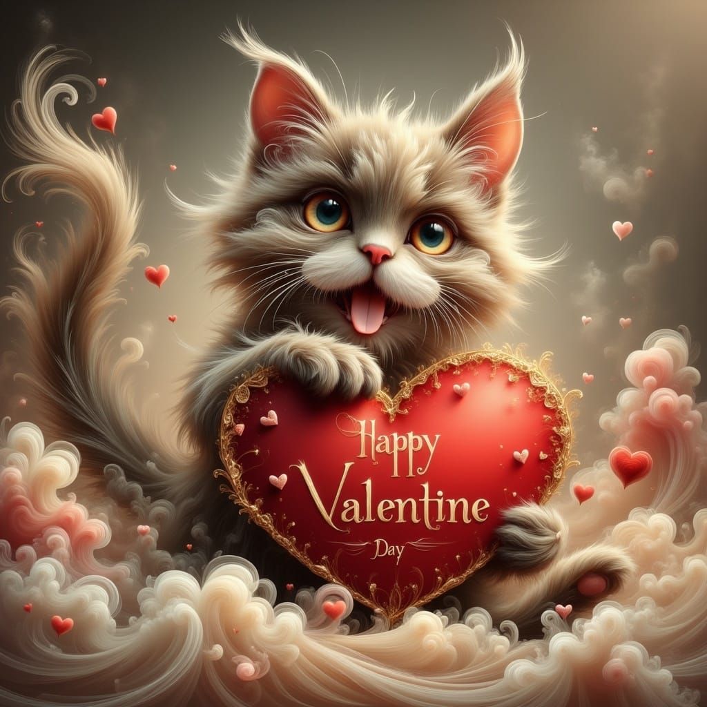 Cat and happy valentine heart.