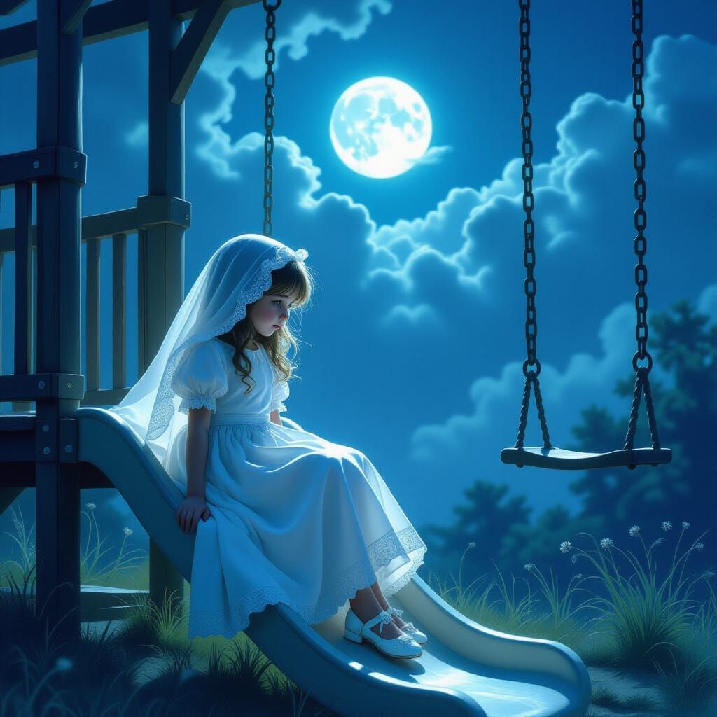 Ghost Girl on Slide Under Moonlight