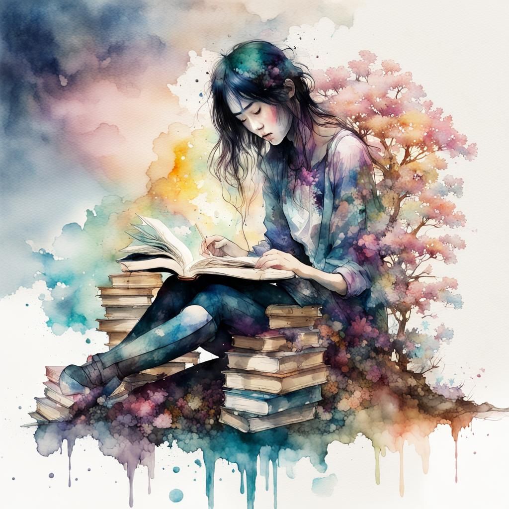 Fantasy Double Exposure Watercolor of Reading Woman