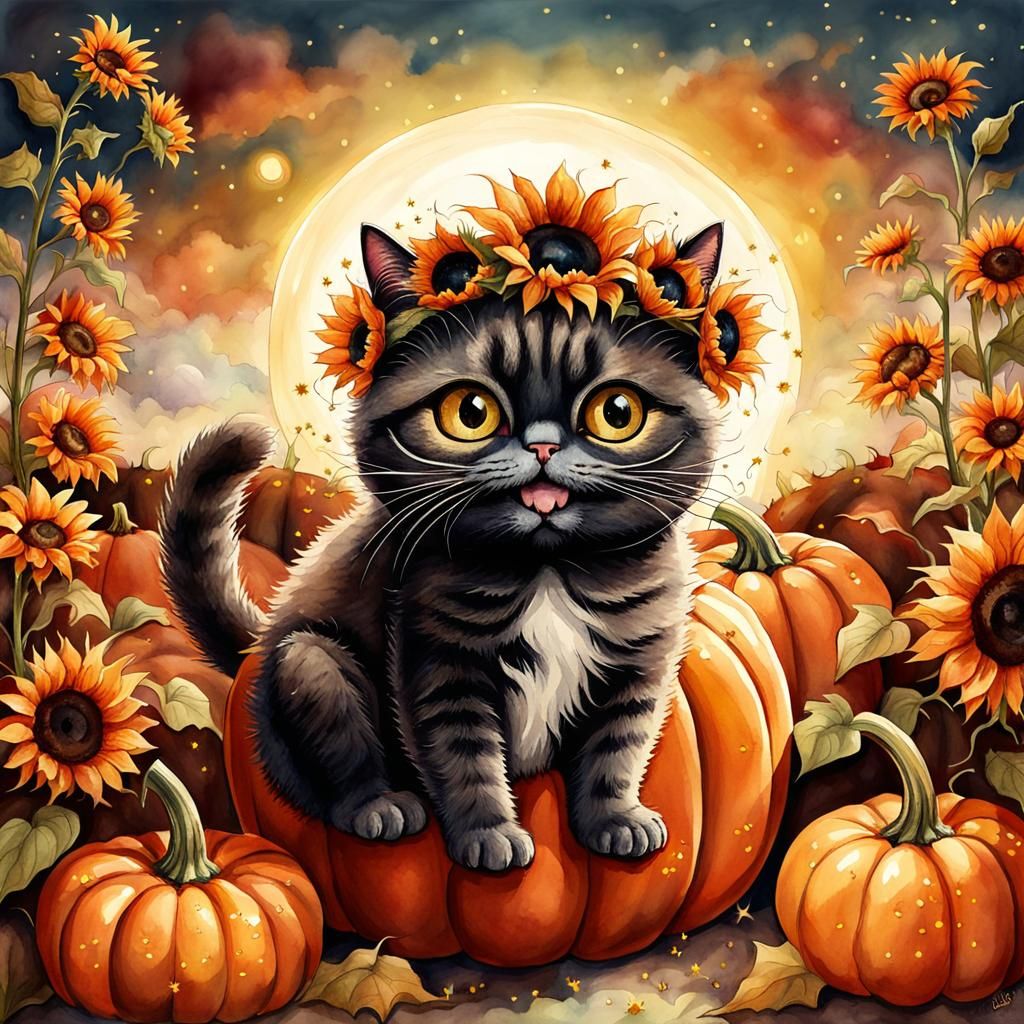 Watercolor Pumpkin Character with Cat and Sunflower
