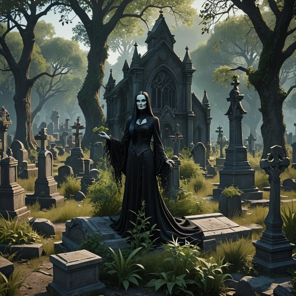 Morticia Explores Graveyard: Detailed Matte Painting