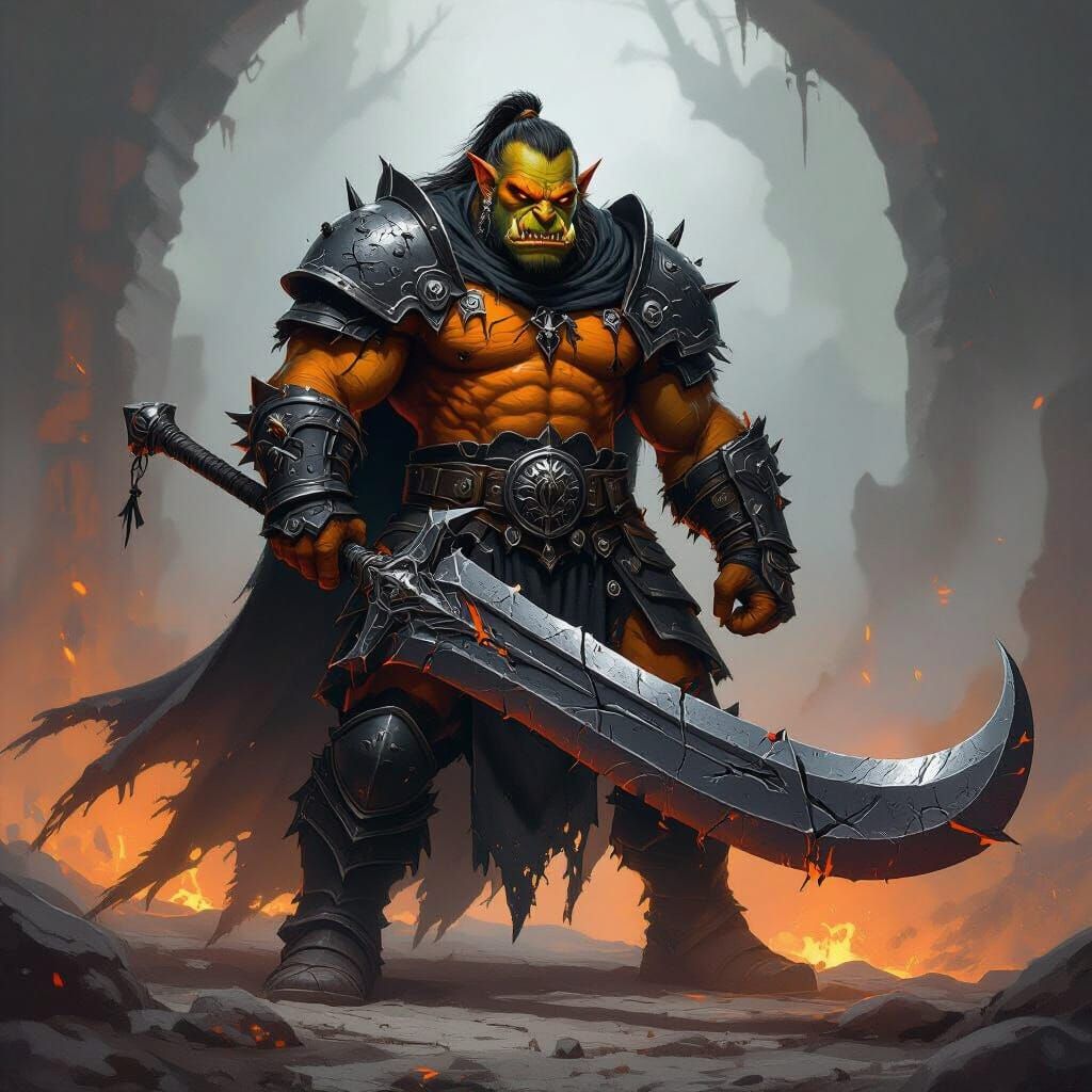 Orange Orc Death Knight with Curved Sword
