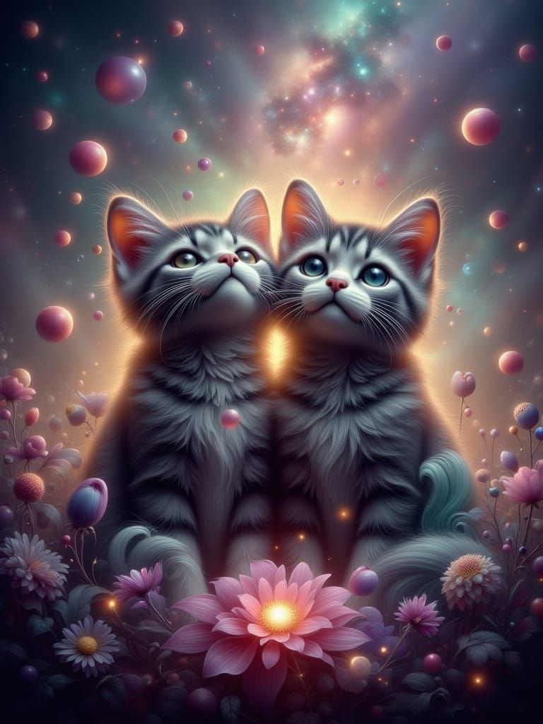 Magical Moment of Feline Connection in Vibrant Digital Art