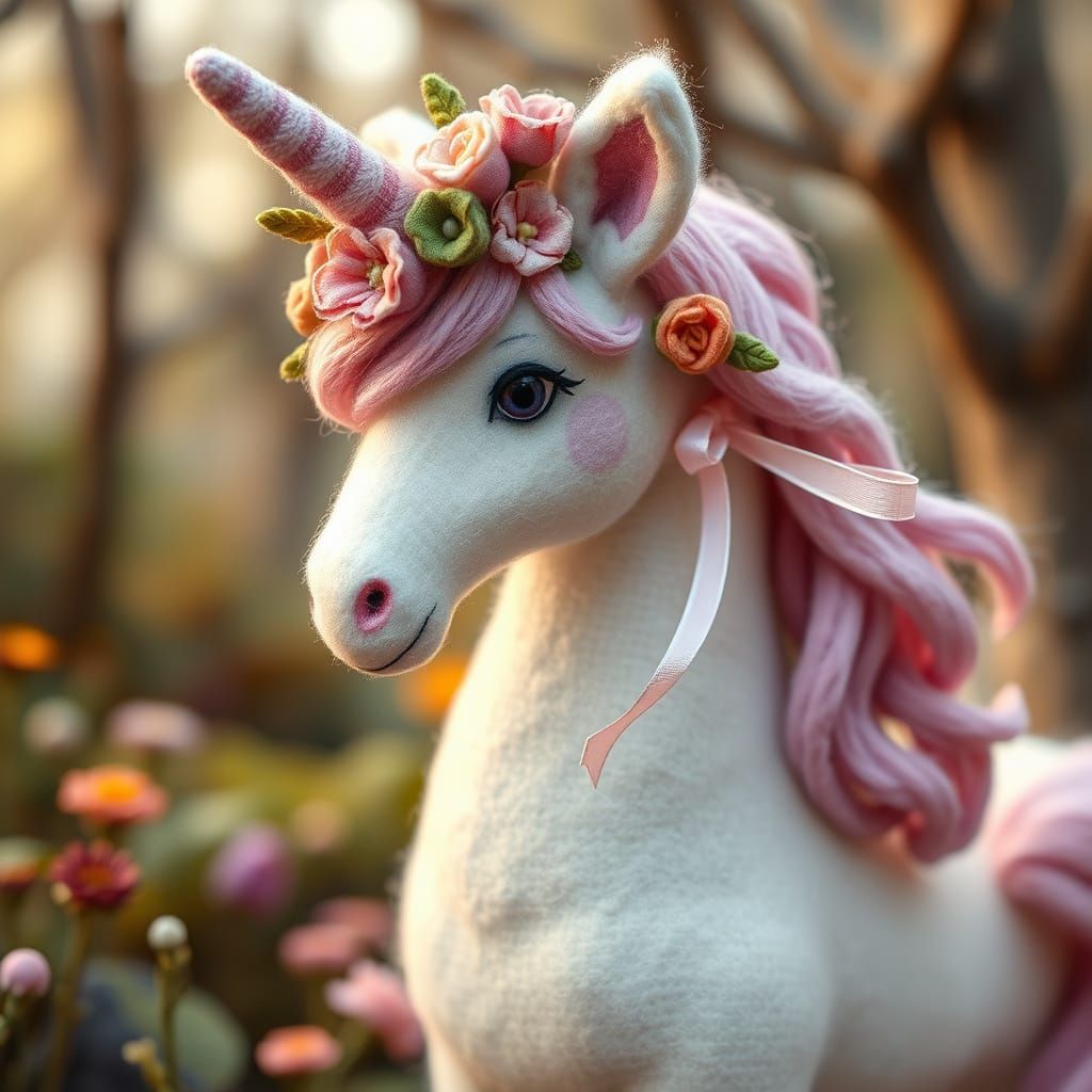 Felted Unicorn with Floral Crown in Whimsical Forest