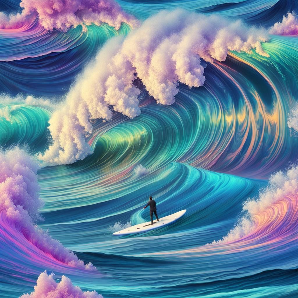 Iridescent Ocean Waves on Alien Planet with Surfers