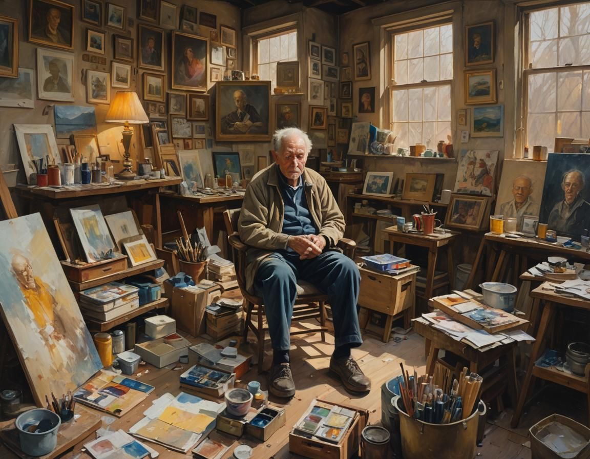 Elderly Artist in Studio: An Impressionist Oil Painting