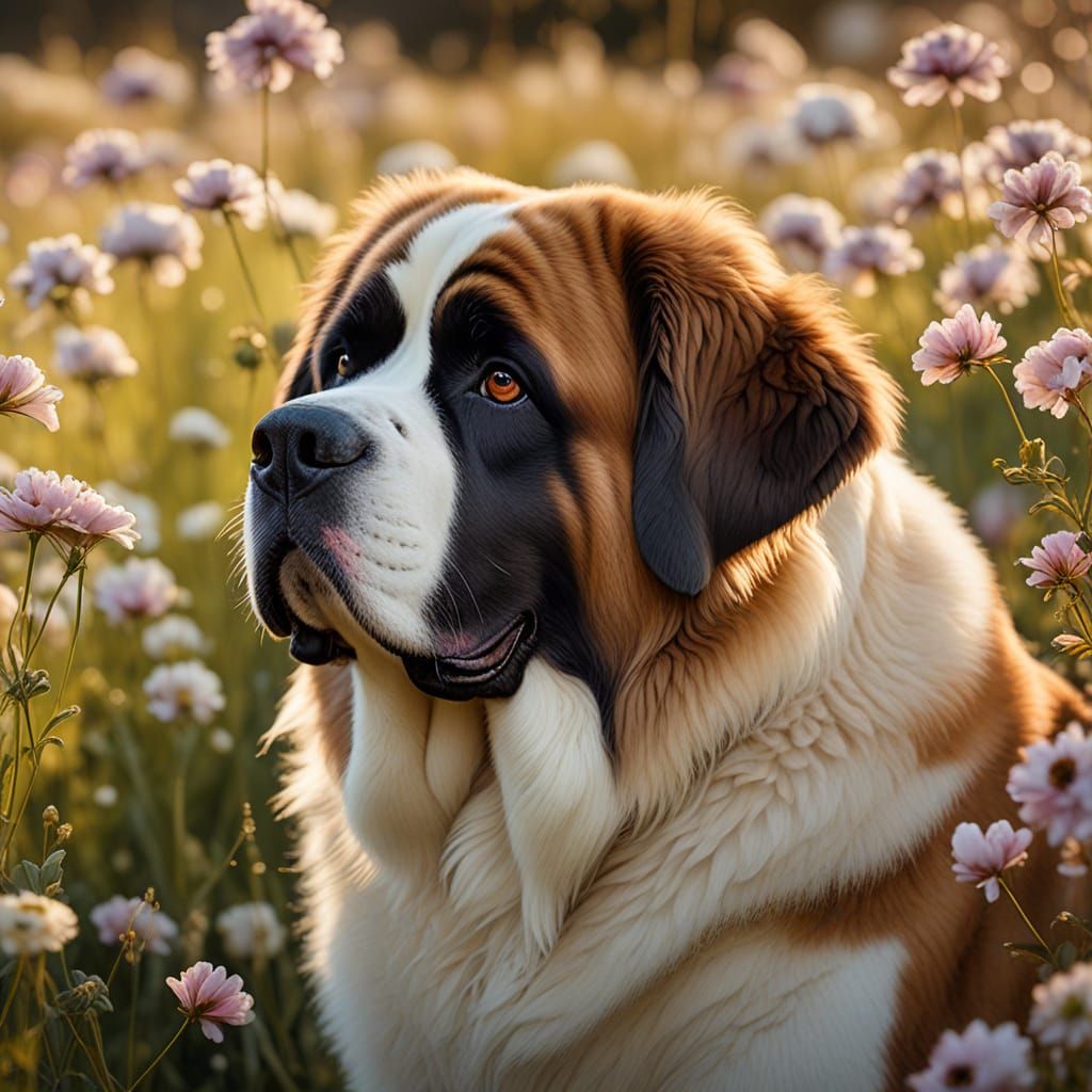 St Bernard Dog in Flower Field, Oil Painting